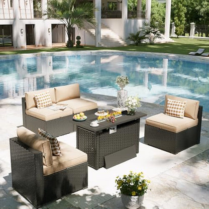 Patio Furniture Set with Fire Pit Table, 5 Piece Outdoor Sectional Sofas, Wicker Rattan Outdoor Furniture with Thickened Cushion for Backyard, Garden Begin