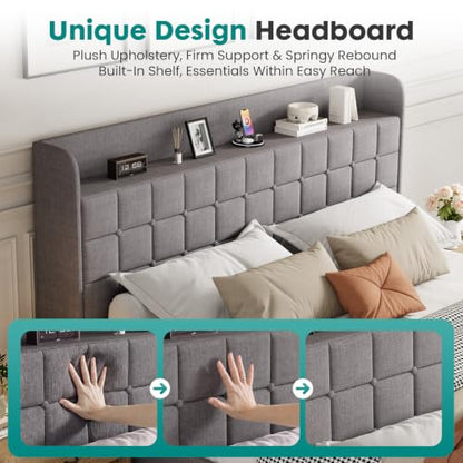 Queen Bed Frame, Upholstered Platform Bed Frame with Storage Drawers, view 5