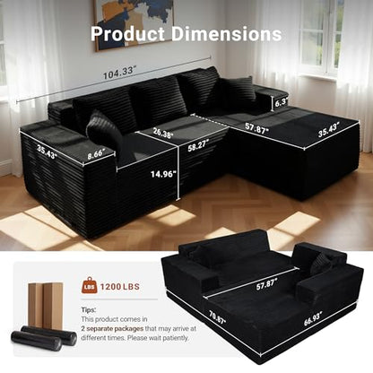 104" Boneless Couch, Cloud Couch Sectional, L-Shape Corduroy Modular Sectional Sofa Deep Seat, Upholstered Couches for Living Room, No Assembly Required, Black, Right Facing Chaise