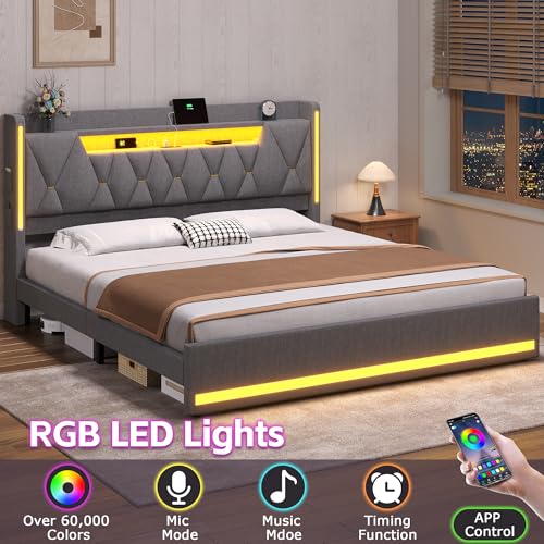 California King Bed Frames with Storage Headboard and LED Lights, view 4