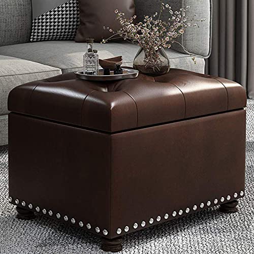 Leather Ottoman with Storage,24’’Foot Rest Ottomans with Hinged Lid Rectangle Upholstered Foot Stools Nailhead Trim for Living Room Bedroom,Classic Brown