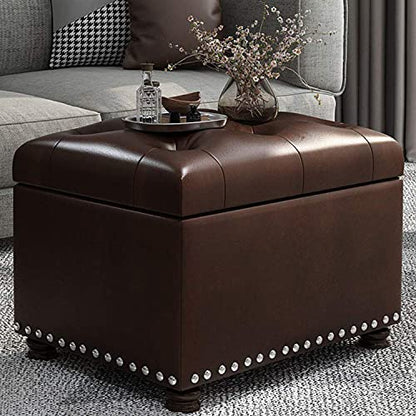 Leather Ottoman with Storage,24’’Foot Rest Ottomans with Hinged Lid Rectangle Upholstered Foot Stools Nailhead Trim for Living Room Bedroom,Classic Brown