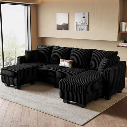U Shaped Couch with Reversible Chaises Sectional Couches for Living Room Sectional Couch with Ottomans Corduroy (Black, U Shaped)