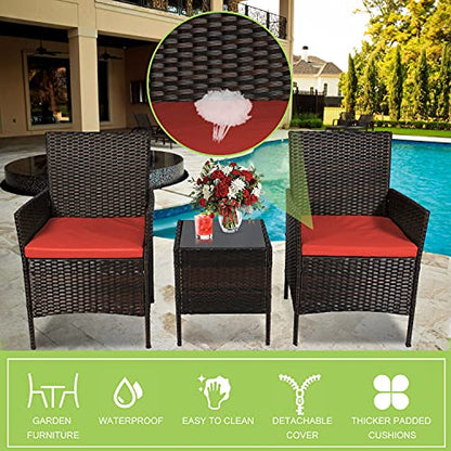 Fine Style 3 Piece Patio Furniture Set,Outdoor Wicker Rattan Conversation Set,Porch PE Outdoor Set with Coffee Table, Chairs & Thick Cushions, for Garden Lawn Backyard Pool (Brown-Rust)