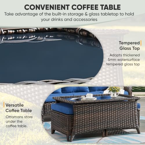 Outdoor Coffee Table with Tempered Glass Top, Patio Rectangular Brown Wicker, view 4