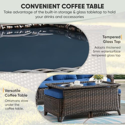 Outdoor Coffee Table with Tempered Glass Top, Patio Rectangular Brown Wicker, view 4