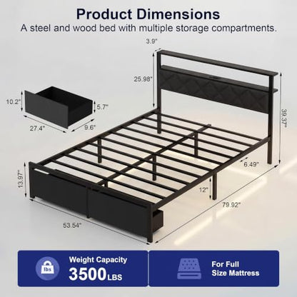 Full Bed Frame with LED Lights, Charging Station & 2 Storage Drawers, view 3
