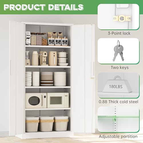 Metal Storage Cabinet, 72" H Lockable Steel Cabinets with Locking Doors, Storage Locker with Adjustable Shelves for Office, Home, Garage, Gym, School (White)