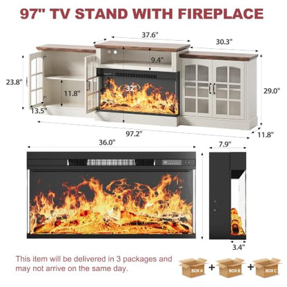 97'' Fireplace TV Stand with 3-Sided Electric Fireplace up to 100" TV, view 3