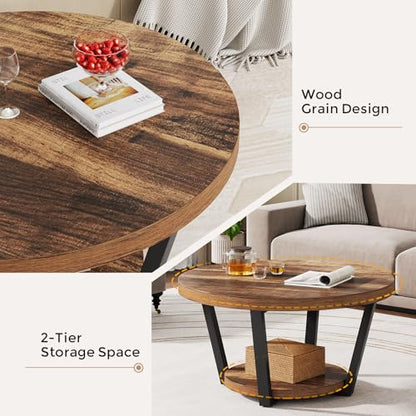 32'' Round Coffee Table with Storage for Living Room Rustic Brown | living room furniture small coffee table mesa de centro para sala accent table round wood coffee table