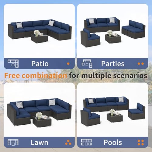 7-Piece Outdoor Patio Furniture Sofa Set Black Rattan Wicker Sectional Conversation Sets with Glass Top Table and Cushions(Dark Blue)