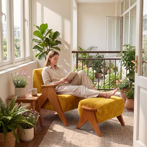 Home Accent Chair Mid Century Modern Accent Chair with Wood Frame, Lounge Upholstered Armchair, Reading Chair, Sturdy Base,For Living Room, Bedroom,Office,Comfy Guest Waiting Room Chairs,Yellow