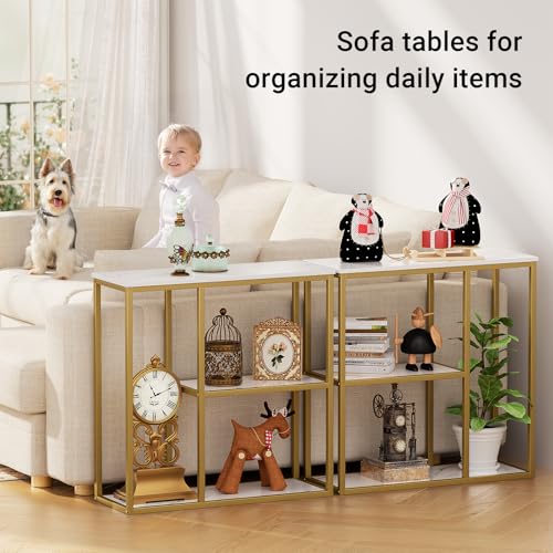 31.5" Narrow Console Table with 3-Tier Storage, Industrial Sofa Table for Entryway, Living Room & Hallway - Gold Marble Faux Top, Sturdy Metal Frame