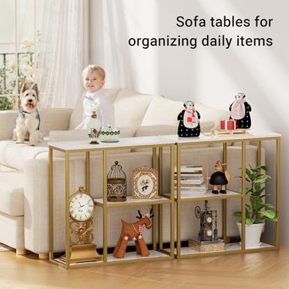 31.5" Narrow Console Table with 3-Tier Storage, Industrial Sofa Table for Entryway, Living Room & Hallway - Gold Marble Faux Top, Sturdy Metal Frame