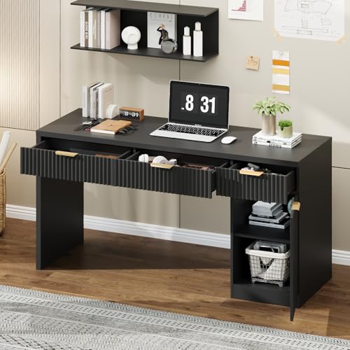 60" Executive Desk with Fluted Drawers, Fluted Desk, Black, view 7