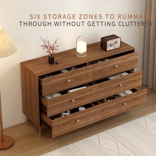 Mid Century Modern 6-Drawer Dresser, 47.2" Solid Wood Frame Chest, Walnut, view 5