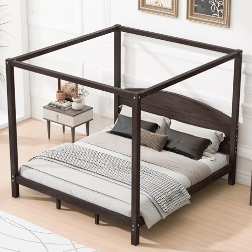 Wood Canopy Bed Frame King, with Headboard and 8 Support Legs, view 5