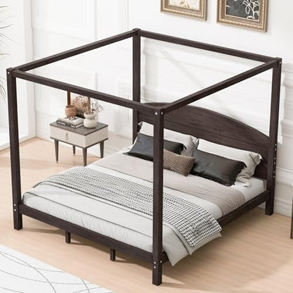 Wood Canopy Bed Frame King, with Headboard and 8 Support Legs, view 5