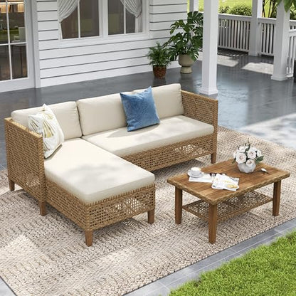 Boho Rattan Patio Sectional Set with Thick Cushions & Coffee Table – Balcony, Backyard & Poolside Outdoor Furniture (Beige)