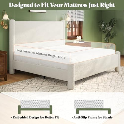 Boucle Cloud Upholstered Bed Frame with Cylinder Headboard, Modern Platform Structure, Sherpa Boucle Soft Design, No Box Spring Needed (White, Full)