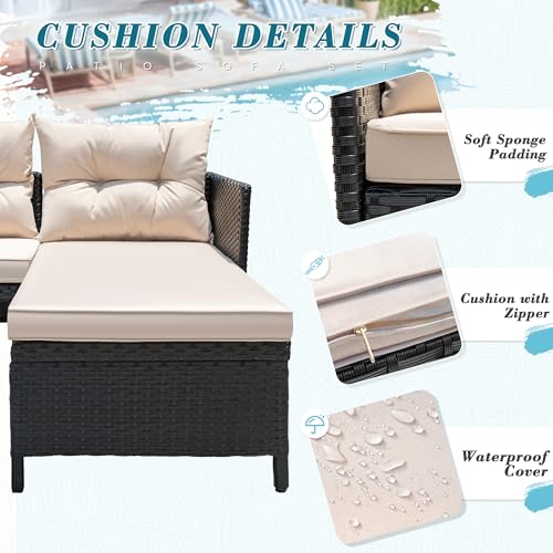3 Piece Patio Furniture Set Outdoor Wicker Rattan Sectional Sofa with Cushions & Coffee Table for Yard, Garden, Porch, Poolside, Light Beige