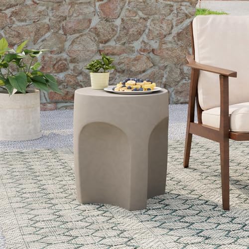 Concrete Side Table Drum Shape,17''H Outdoor Side Table, Patio Accent Table Cement End Tables, Garden Decorative Stool, Plant Stand Drum Table, Grey