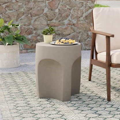 Concrete Side Table Drum Shape,17''H Outdoor Side Table, Patio Accent Table Cement End Tables, Garden Decorative Stool, Plant Stand Drum Table, Grey
