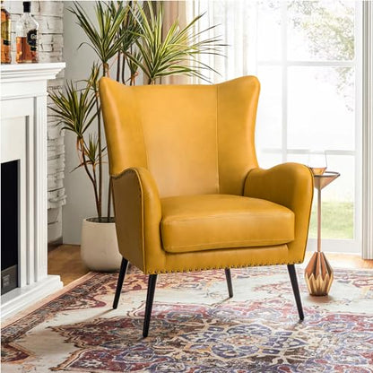 Faux Leather Accent Chair with Removable Cushion, Comfy Upholstered Armchair with Black Metal Legs & Nailhead Trim Wingback Vanity Chair for Reading Living Room Bedroom, Yellow