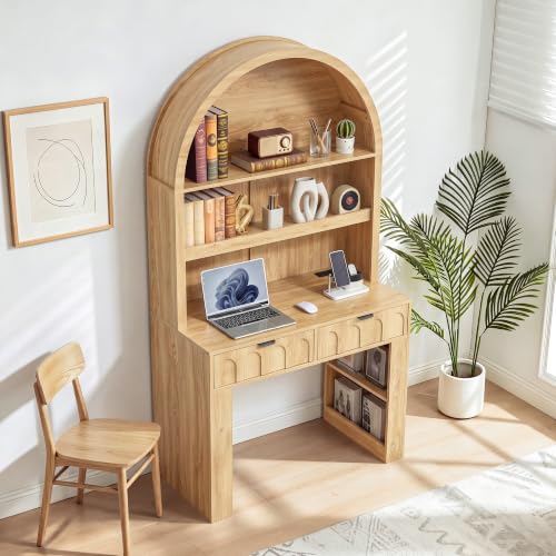 Arched Office Desk with Hutch, Natural, Desktop 39.4" Wx 19.7"D, view 5