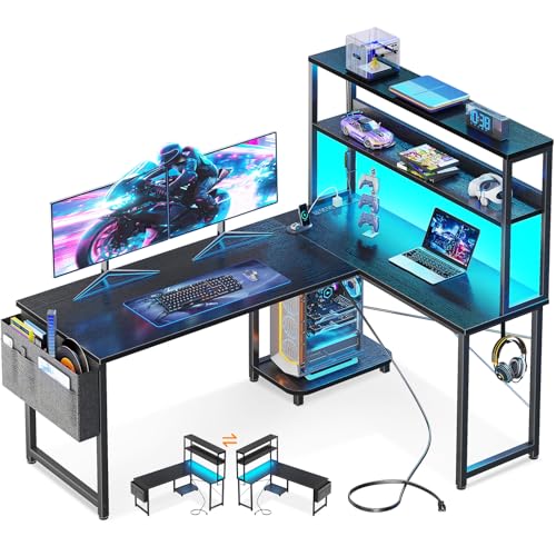 L Shaped Gaming Desk with Hutch & Power Outlet & LED Lights, view 2