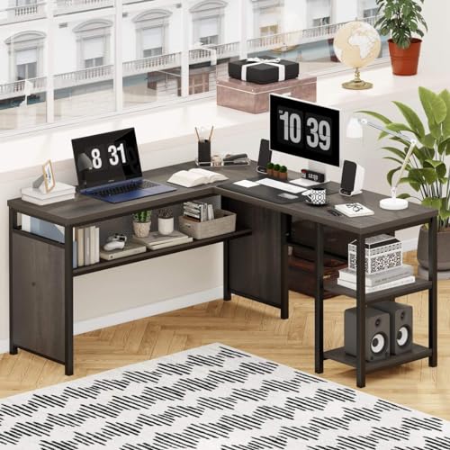 L Shaped Desk, Industrial Reversible Home Office Computer Desk with Wood Shelves, view 7