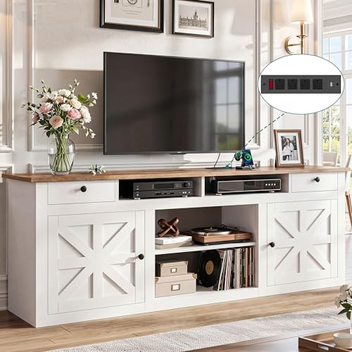 Farmhouse TV Stand with Power Outlet for 80 Inch TVs, White&Walnut, view 2