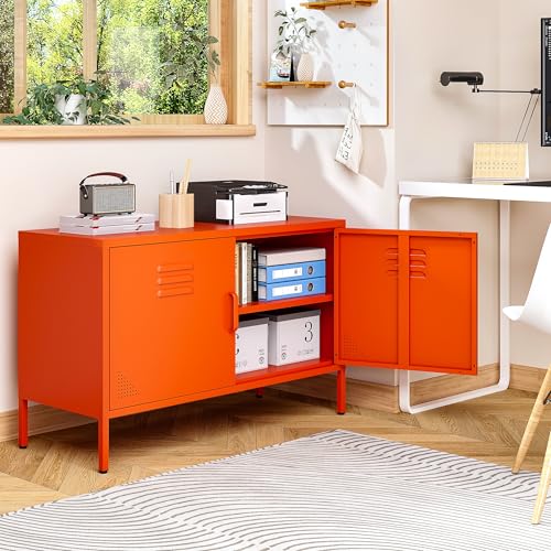 Orange Metal Storage Cabinet with Doors and Shelves, view 6