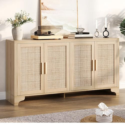 Natural Rattan Storage Cabinet with Shelves, 4-Door Sideboard Buffet Cabinet, view 2