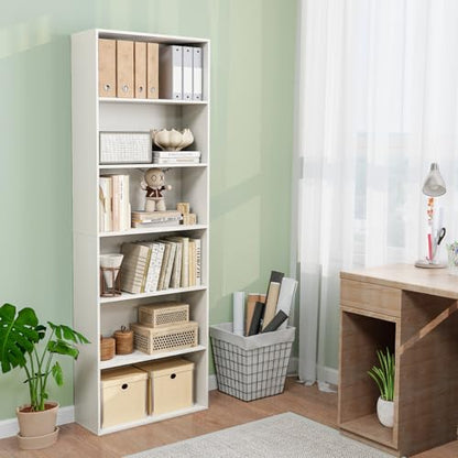 6-Tier Bookcase, 70” Tall Freestanding Bookshelf with 6 Open Shelves, Anti-Toppling Kits, Floor Display Storage Organizer for Living Room, Study, Kitchen, Home & Office (White, 70" H)