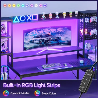 67 Inch Gaming Desk with Display Shelves, 3 Drawers, LED Lights, Hutch, view 7