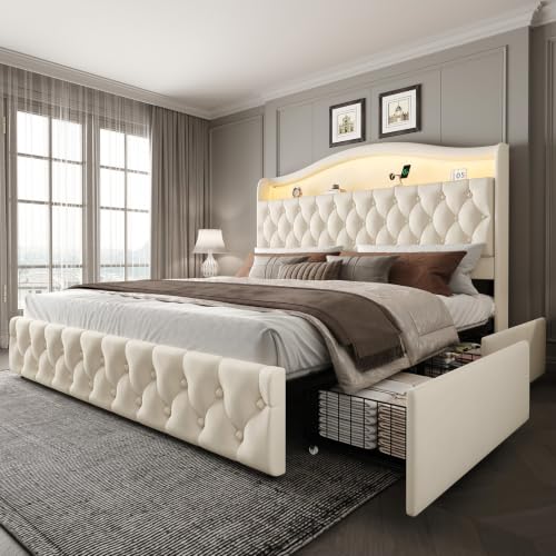 King Size Bed Frame with 4 Storage Drawers, Beige, view 3