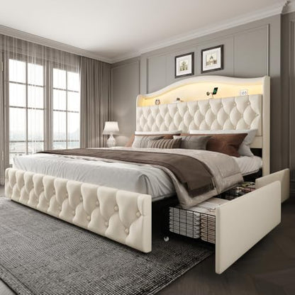 King Size Bed Frame with 4 Storage Drawers, Beige, view 3