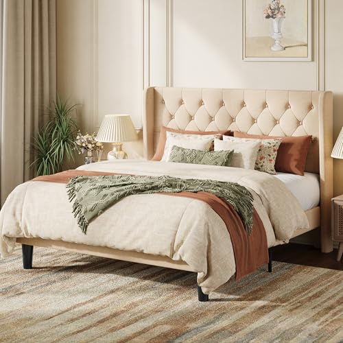 Queen Upholstered Bed Frame, Button Tufted Design, Beige, view 2