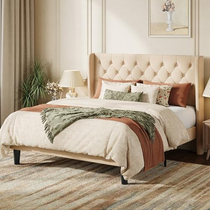 Queen Upholstered Bed Frame, Button Tufted Design, Beige, view 2