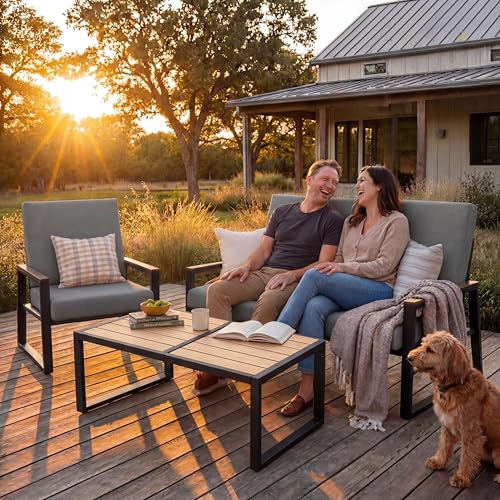 4-Piece Outdoor Patio Furniture Set with Coffee Table and Removable Cushions, Metal Patio Conversation Set for Family, Yard, Poolside (Gray)