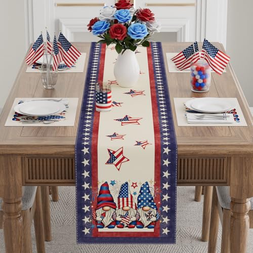 Gnome Stars Patriotic America Memorial Day 4th of July Table Runner Table Decoration for Party Home Kitchen Dining Holiday Decor 13x72 Inch