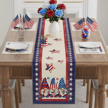 Gnome Stars Patriotic America Memorial Day 4th of July Table Runner Table Decoration for Party Home Kitchen Dining Holiday Decor 13x72 Inch