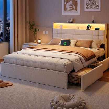 Queen Bed Frame with 4 Drawers & Storage Headboard, Beige, view 2