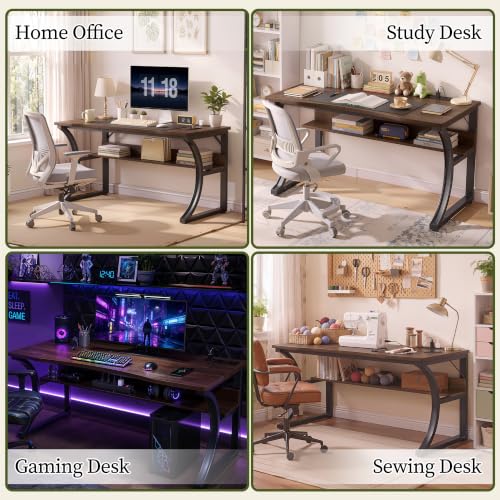 47 Inch Desk with Storage Shelf, One-Piece Desktop, Walnut, view 5