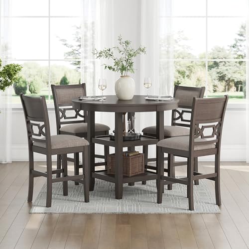 Signature Design by Ashley 5-Piece Round Counter Height Dining Table Set, Wrenning Collection, with 4 Upholstered Bar Stools, Wood and Mindi Veneer, 2 Storage Shelves for Dining Rooms, Light Gray
