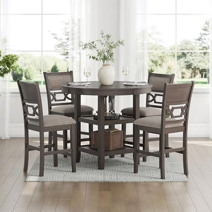 Signature Design by Ashley 5-Piece Round Counter Height Dining Table Set, Wrenning Collection, with 4 Upholstered Bar Stools, Wood and Mindi Veneer, 2 Storage Shelves for Dining Rooms, Light Gray