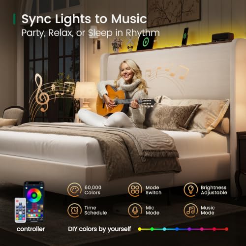 Queen Size Bed Frame with LED Lights and Charging Station Linen Upholstered, view 4