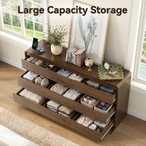 Walnut Fluted 9-Drawer Dresser for Bedroom w/Power Outlet, view 6