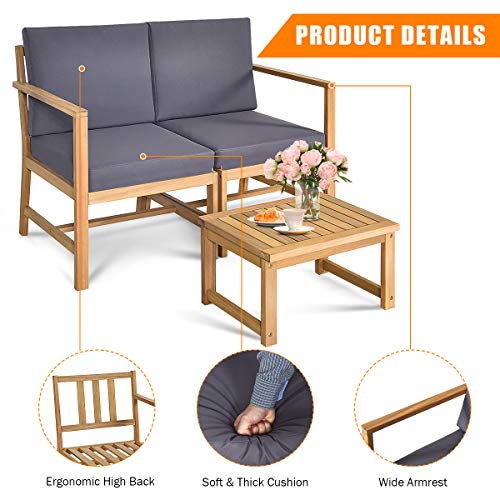 3 in 1 Acacia Wood Loveseat with Separable Coffee Table, 3-Piece Wooden Chairs Set with Cushions, 2-Seater Outdoor Furniture Set for Garden Backyard Balcony Patio Poolside (Natural Teak)